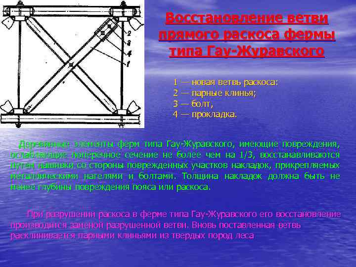 Восстановление ветви прямого раскоса фермы типа Гау-Журавского 1 — новая ветвь раскоса: 2 —