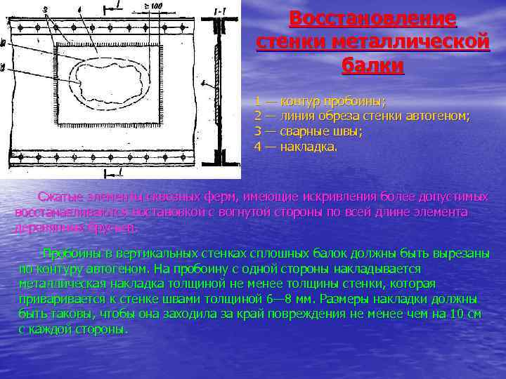 Восстановление стенки металлической балки 1 — контур пробоины; 2 — линия обреза стенки автогеном;