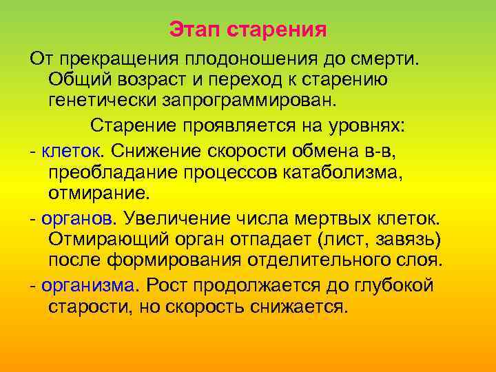 Этап старения От прекращения плодоношения до смерти. Общий возраст и переход к старению генетически