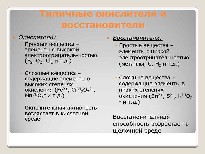 Типичные окислители и восстановители Окислители: ◦ Простые вещества – элементы с высокой электроотрицатель-ностью (F