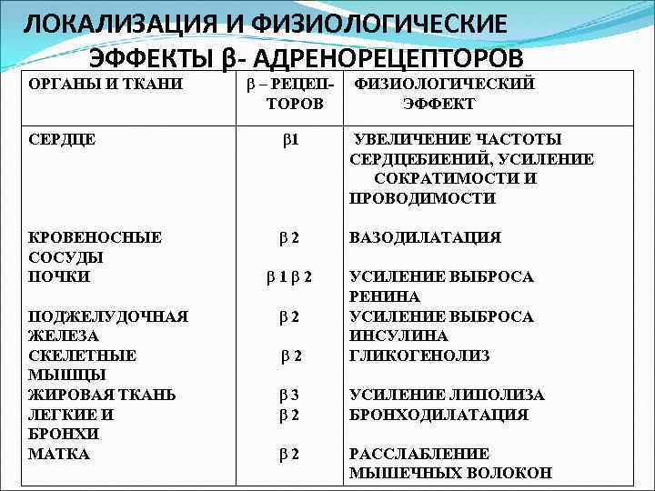 ЛОКАЛИЗАЦИЯ И ФИЗИОЛОГИЧЕСКИЕ ЭФФЕКТЫ β- АДРЕНОРЕЦЕПТОРОВ ОРГАНЫ И ТКАНИ β – РЕЦЕПТОРОВ ФИЗИОЛОГИЧЕСКИЙ ЭФФЕКТ