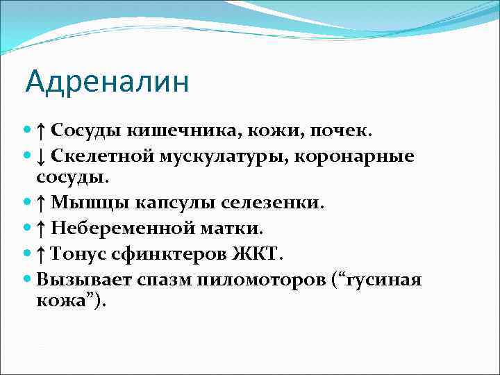 Адреналин ↑ Сосуды кишечника, кожи, почек. ↓ Скелетной мускулатуры, коронарные сосуды. ↑ Мышцы капсулы