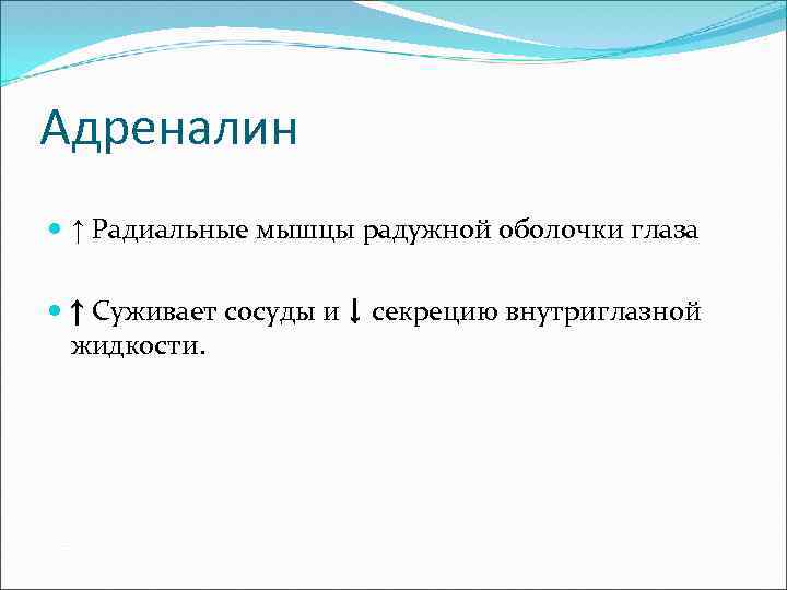 Адреналин ↑ Радиальные мышцы радужной оболочки глаза ↑ Суживает сосуды и ↓ секрецию внутриглазной