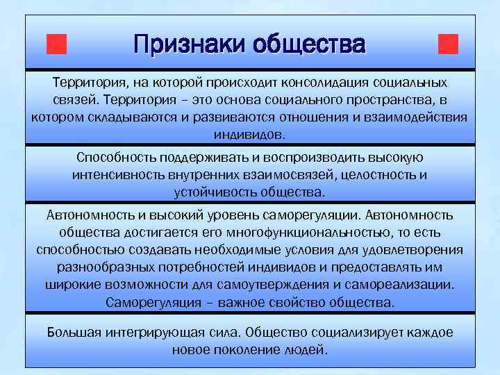 Признаки общества Территория, на которой происходит консолидация социальных связей. Территория – это основа социального