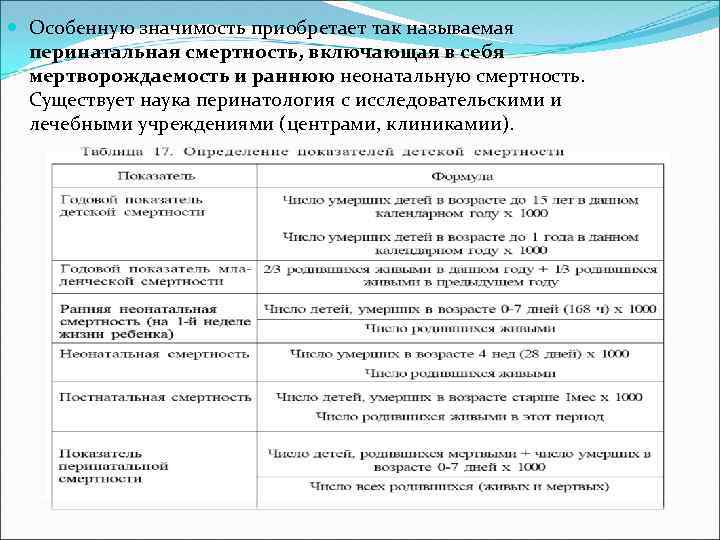  Особенную значимость приобретает так называемая перинатальная смертность, включающая в себя мертворождаемость и раннюю