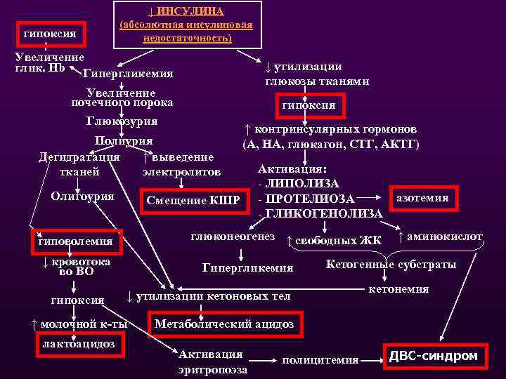 гипоксия ↓ ИНСУЛИНА (абсолютная инсулиновая недостаточность) Увеличение глик. Hb Гипергликемия ↓ утилизации глюкозы тканями