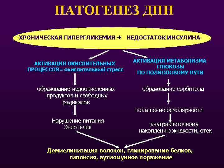 ПАТОГЕНЕЗ ДПН ХРОНИЧЕСКАЯ ГИПЕРГЛИКЕМИЯ + АКТИВАЦИЯ ОКИСЛИТЕЛЬНЫХ ПРОЦЕССОВ= окислительный стресс образование недоокисленных продуктов и