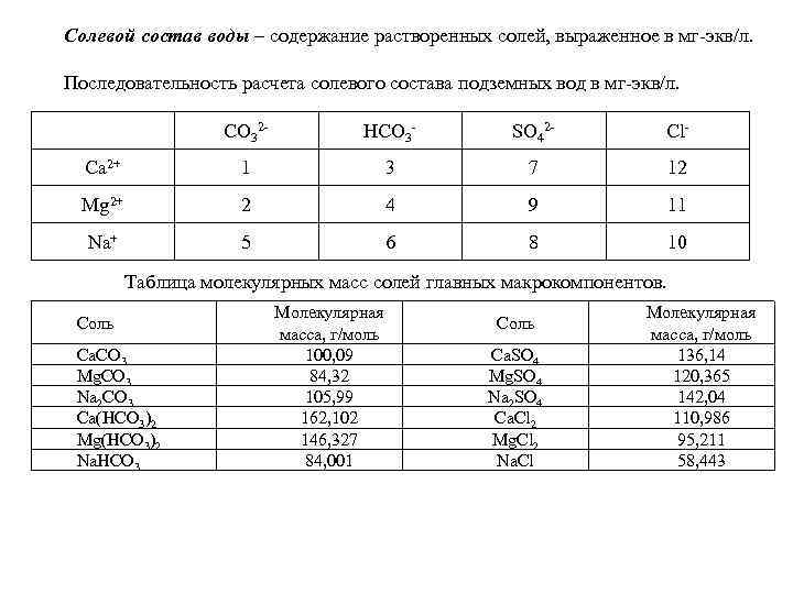 Солевой состав воды – содержание растворенных солей, выраженное в мг экв/л. Последовательность расчета солевого