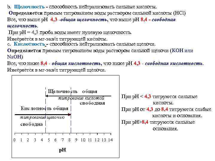 b. Щелочность - способность нейтрализовать сильные кислоты. Определяется прямым титрованием воды раствором сильной кислоты