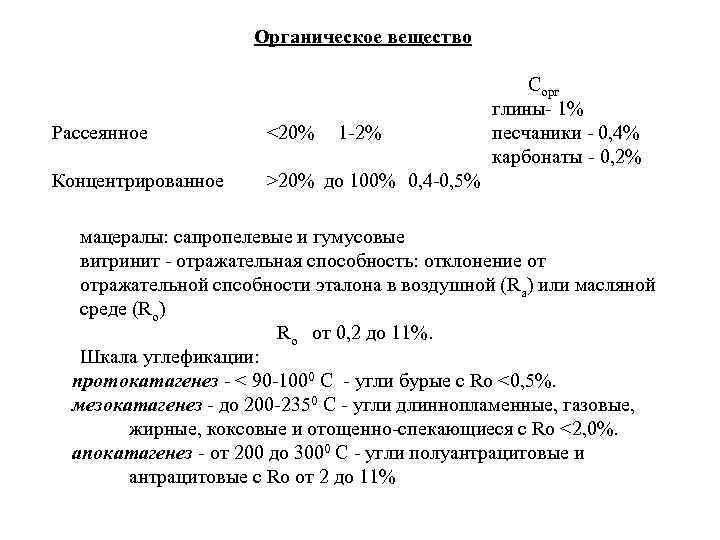 Органическое вещество Рассеянное <20% 1 2% Концентрированное Сорг глины 1% песчаники 0, 4% карбонаты