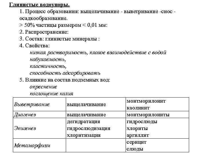 Глинистые водоупоры. 1. Процесс образования: выщелачивание выветривание снос осадкообразование. > 50% частицы размером <