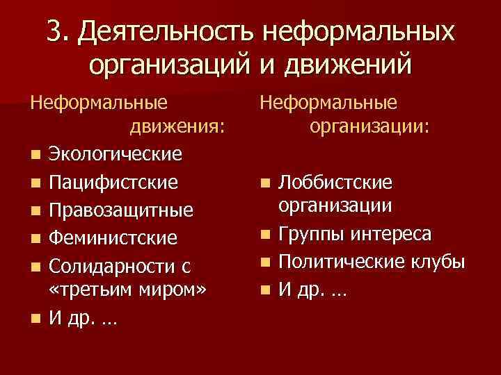 3. Деятельность неформальных организаций и движений Неформальные движения: n Экологические n Пацифистские n Правозащитные