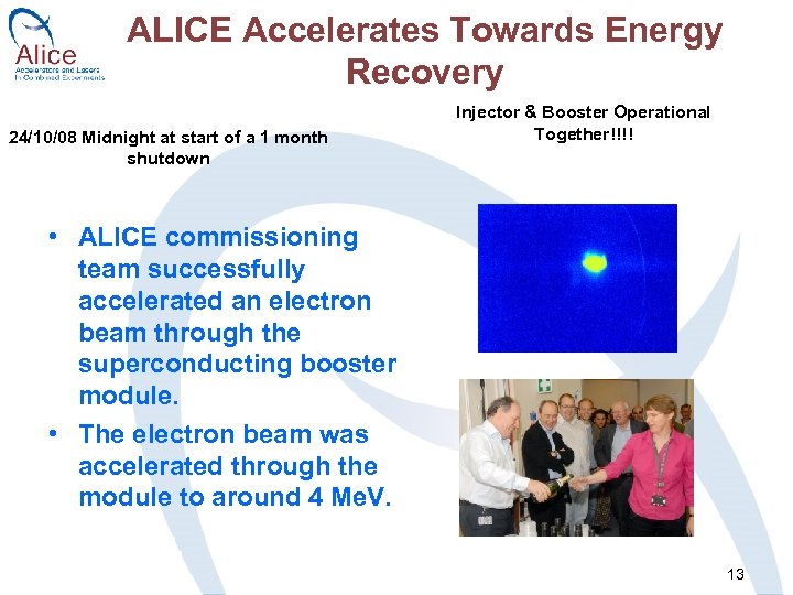 ALICE Accelerates Towards Energy Recovery 24/10/08 Midnight at start of a 1 month shutdown