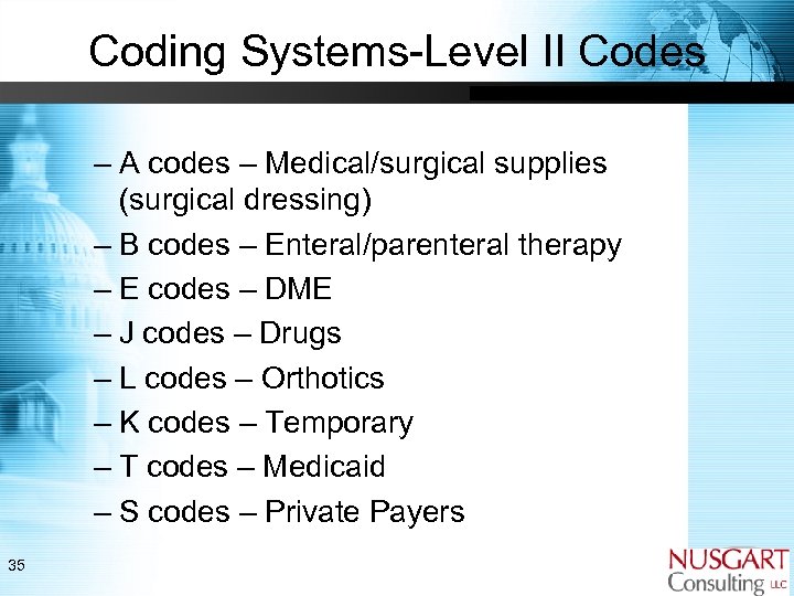 Coding Systems-Level II Codes – A codes – Medical/surgical supplies (surgical dressing) – B
