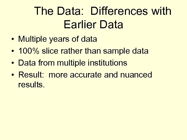 The Data: Differences with Earlier Data • • Multiple years of data 100% slice