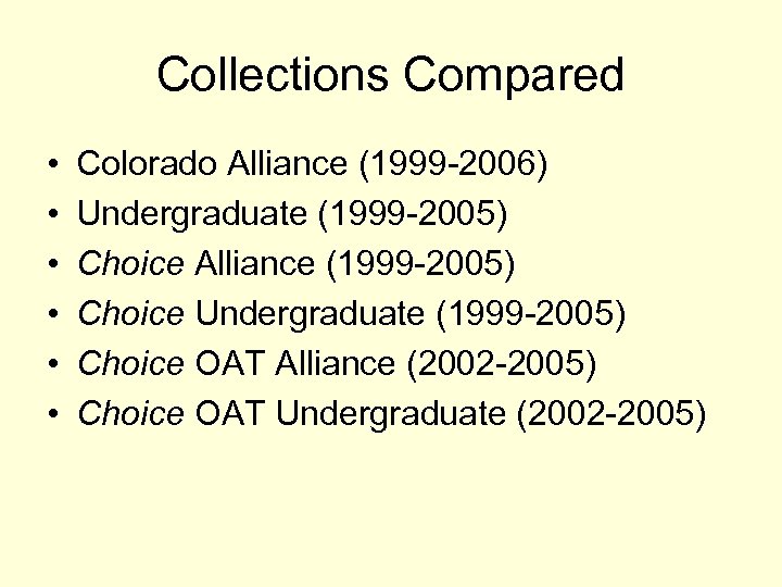 Collections Compared • • • Colorado Alliance (1999 -2006) Undergraduate (1999 -2005) Choice Alliance