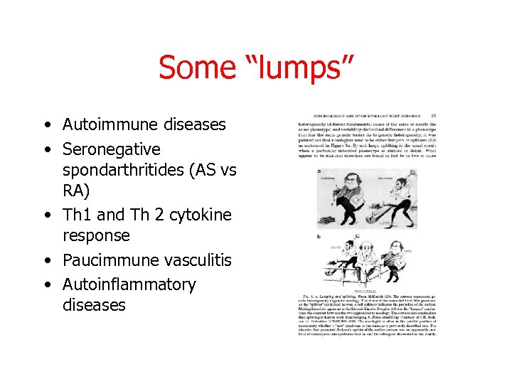 Some “lumps” • Autoimmune diseases • Seronegative spondarthritides (AS vs RA) • Th 1