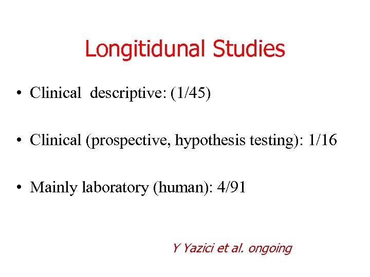 Longitidunal Studies • Clinical descriptive: (1/45) • Clinical (prospective, hypothesis testing): 1/16 • Mainly
