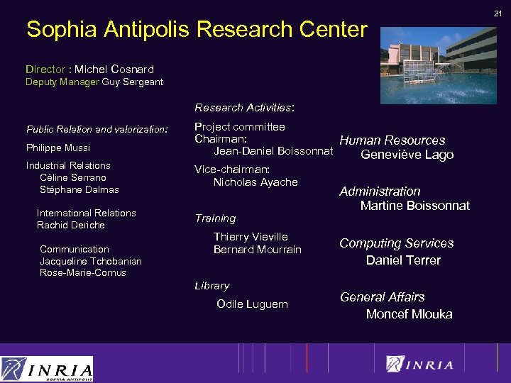 Sophia Antipolis Research Center Director : Michel Cosnard Deputy Manager Guy Sergeant Research Activities: