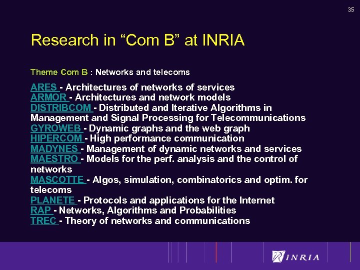 35 Research in “Com B” at INRIA Theme Com B : Networks and telecoms