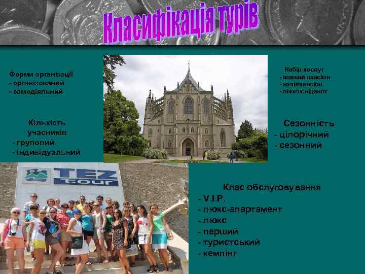 Форми організації - організований - самодіяльний Кількість учасників - груповий - індивідуальний Набір послуг