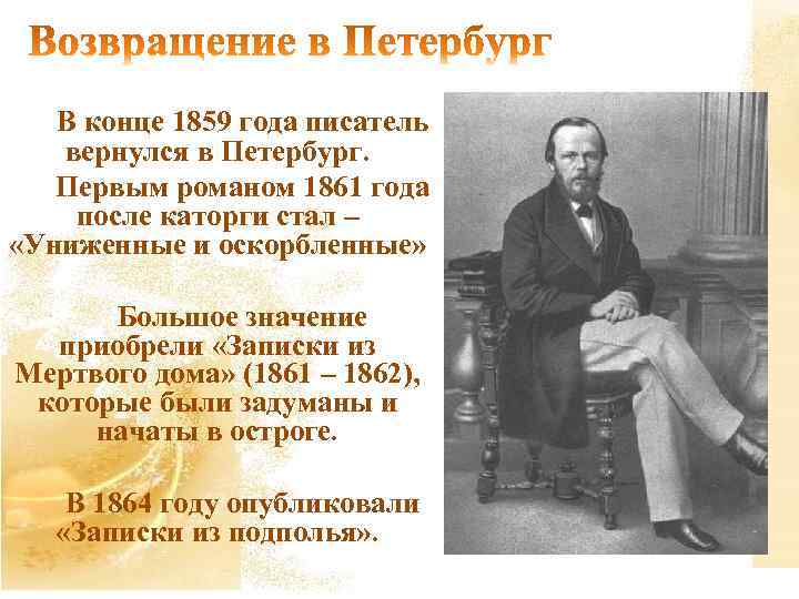 В конце 1859 года писатель вернулся в Петербург. Первым романом 1861 года после каторги