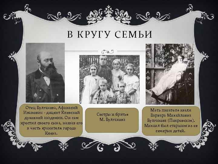 В КРУГУ СЕМЬИ Отец Булгакова, Афанасий Иванович - доцент Киевской духовной академии. Он сам