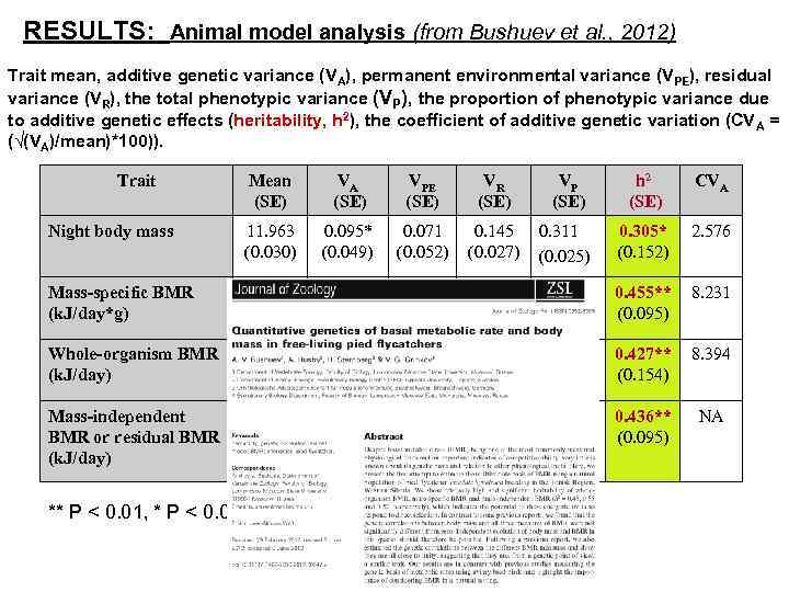 RESULTS: Animal model analysis (from Bushuev et al. , 2012) Trait mean, additive genetic