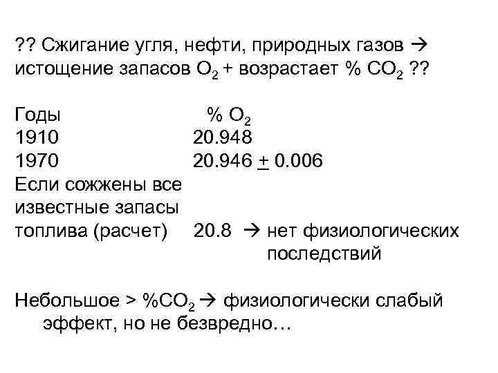 ? ? Сжигание угля, нефти, природных газов истощение запасов О 2 + возрастает %