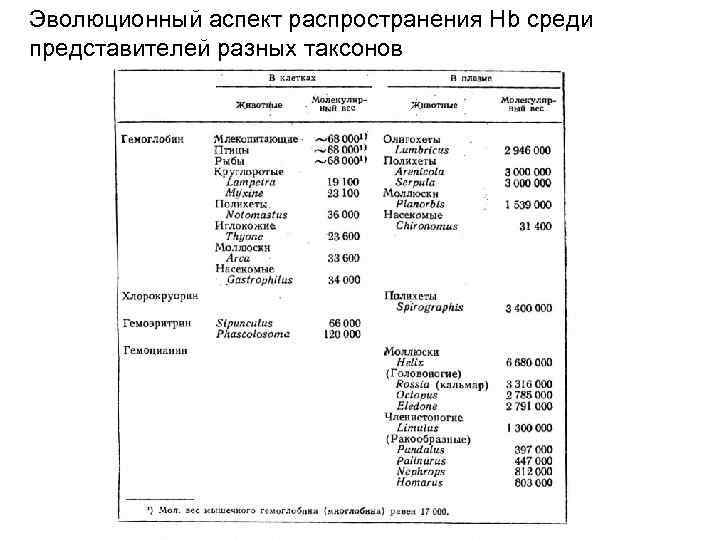 Эволюционный аспект распространения Нb среди представителей разных таксонов 