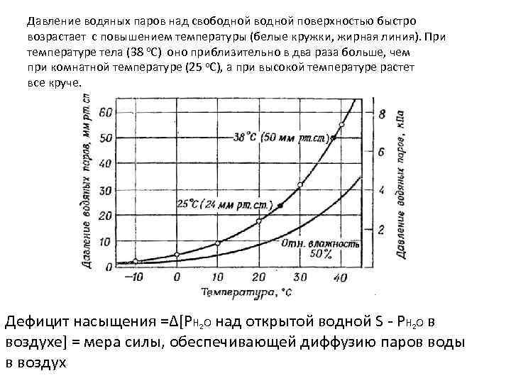 Давление водяных паров над свободной водной поверхностью быстро возрастает с повышением температуры (белые кружки,