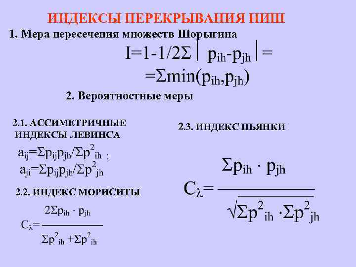 ИНДЕКСЫ ПЕРЕКРЫВАНИЯ НИШ 1. Мера пересечения множеств Шорыгина 2. Вероятностные меры 2. 1. АССИМЕТРИЧНЫЕ