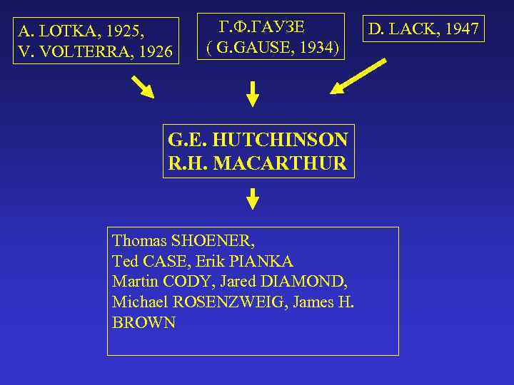 A. LOTKA, 1925, V. VOLTERRA, 1926 Г. Ф. ГАУЗЕ ( G. GAUSE, 1934) G.