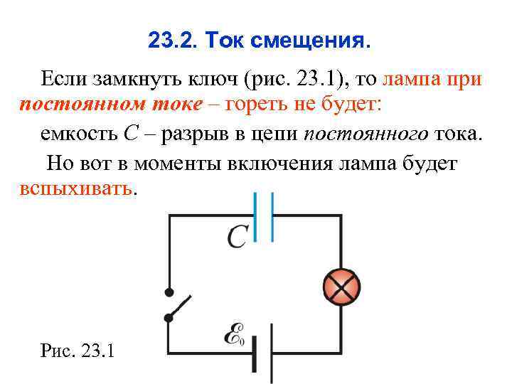 23. 2. Ток смещения. Если замкнуть ключ (рис. 23. 1), то лампа при постоянном