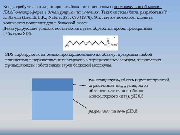 Когда требуется фракционировать белки исключительно по молекулярной массе ПААГ-электрофорез в денатурирующих условиях. Такая система
