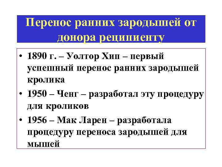 Перенос ранних зародышей от донора реципиенту • 1890 г. – Уолтор Хип – первый