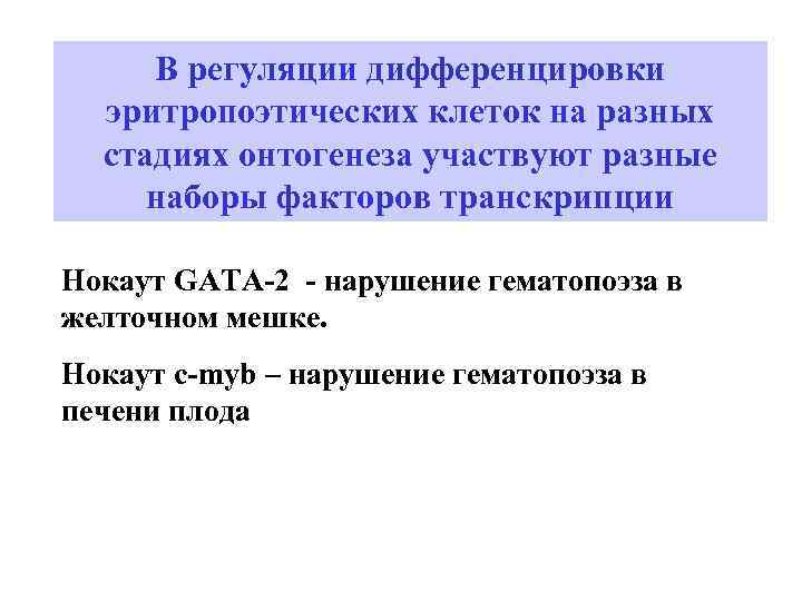 В регуляции дифференцировки эритропоэтических клеток на разных стадиях онтогенеза участвуют разные наборы факторов транскрипции