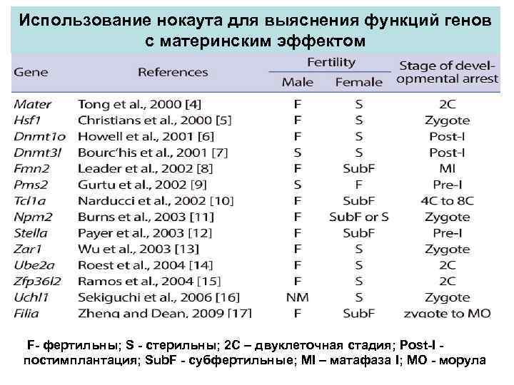 Использование нокаута для выяснения функций генов с материнским эффектом F- фертильны; S - стерильны;