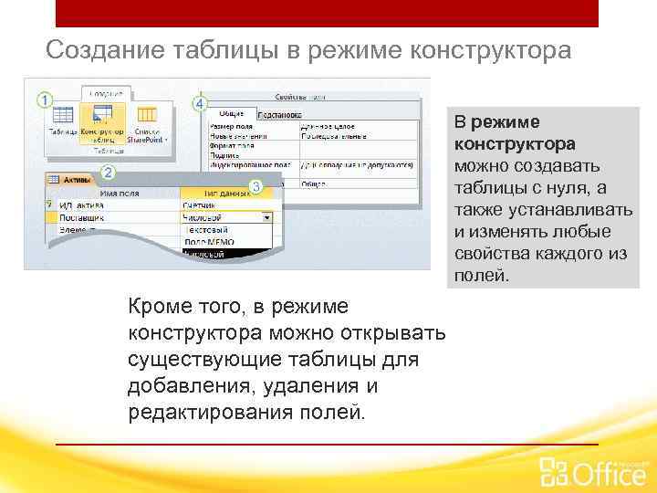 Создание таблицы в режиме конструктора В режиме конструктора можно создавать таблицы с нуля, а