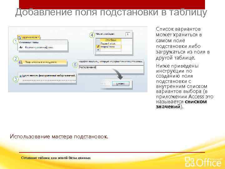 Добавление поля подстановки в таблицу Список вариантов может храниться в самом поле подстановки либо