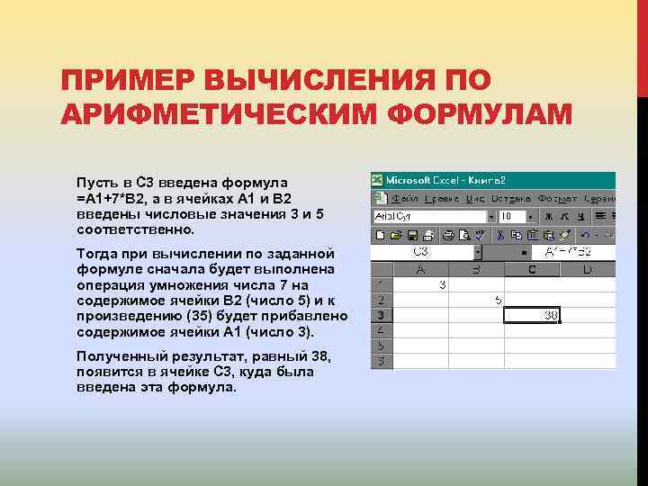 ПРИМЕР ВЫЧИСЛЕНИЯ ПО АРИФМЕТИЧЕСКИМ ФОРМУЛАМ Пусть в С 3 введена формула =А 1+7*В 2,