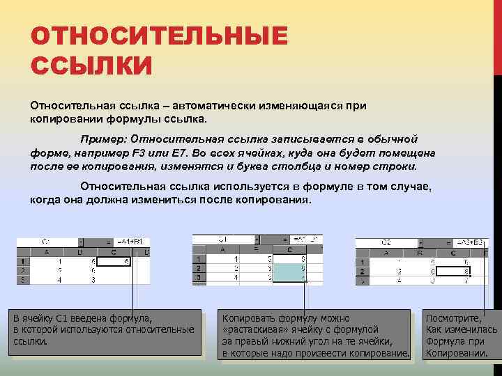 ОТНОСИТЕЛЬНЫЕ ССЫЛКИ Относительная ссылка – автоматически изменяющаяся при копировании формулы ссылка. Пример: Относительная ссылка