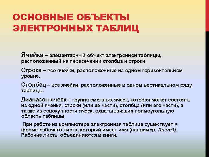 ОСНОВНЫЕ ОБЪЕКТЫ ЭЛЕКТРОННЫХ ТАБЛИЦ Ячейка – элементарный объект электронной таблицы, расположенный на пересечении столбца