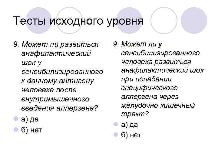 Тесты исходного уровня 9. Может ли развиться анафилактический шок у сенсибилизированного к данному антигену