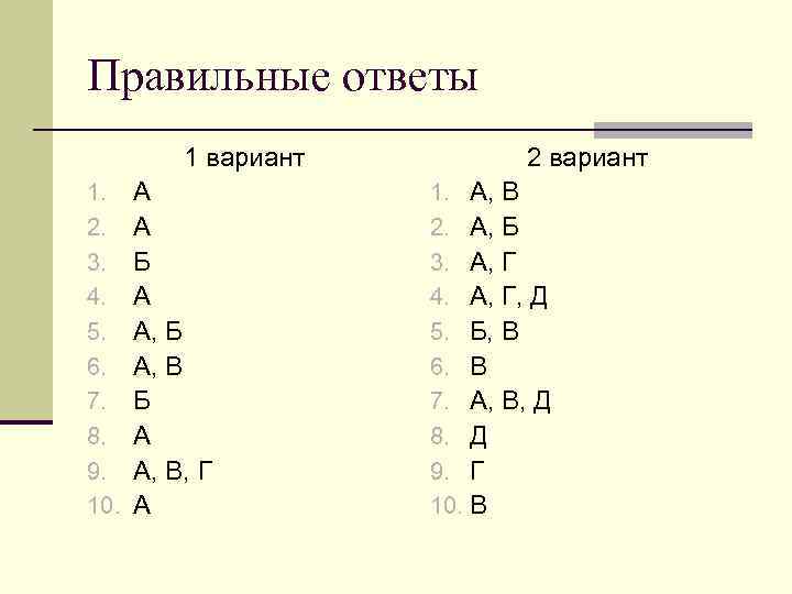 Правильные ответы 1 вариант 1. 2. 3. 4. 5. 6. 7. 8. 9. 10.