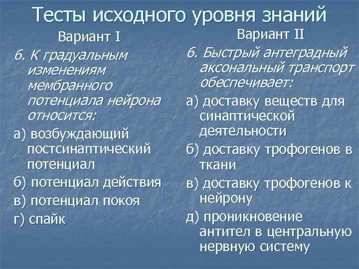 Тесты исходного уровня знаний Вариант I 6. К градуальным изменениям мембранного потенциала нейрона относится: