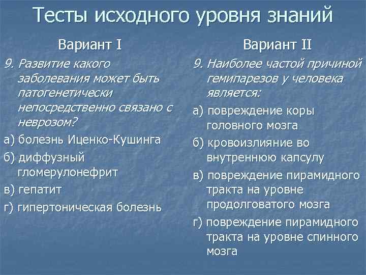 Тесты исходного уровня знаний Вариант II 9. Развитие какого заболевания может быть патогенетически непосредственно