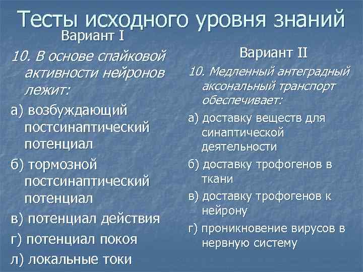 Тесты исходного уровня знаний Вариант I 10. В основе спайковой активности нейронов лежит: а)