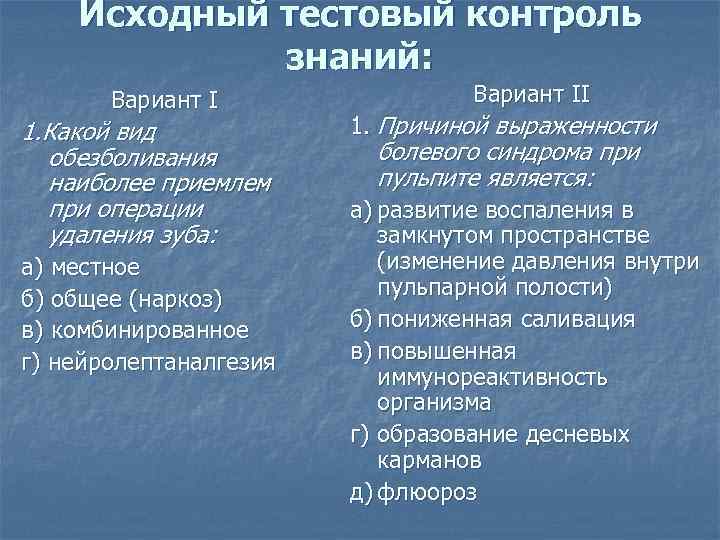 Исходный тестовый контроль знаний: Вариант I 1. Какой вид обезболивания наиболее приемлем при операции