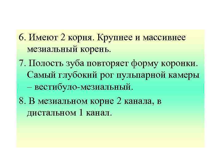 6. Имеют 2 корня. Крупнее и массивнее мезиальный корень. 7. Полость зуба повторяет форму